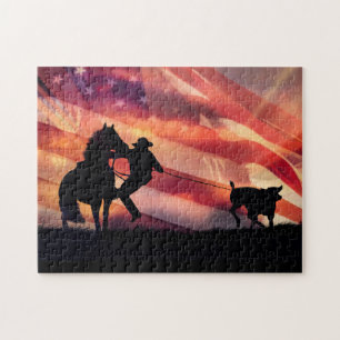 Cowboy American Flag und Steer Roping Puzzle