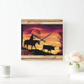 Cowboy And Longhorn Steer Square Wall Clock Quadratische Wanduhr (Zuhause)