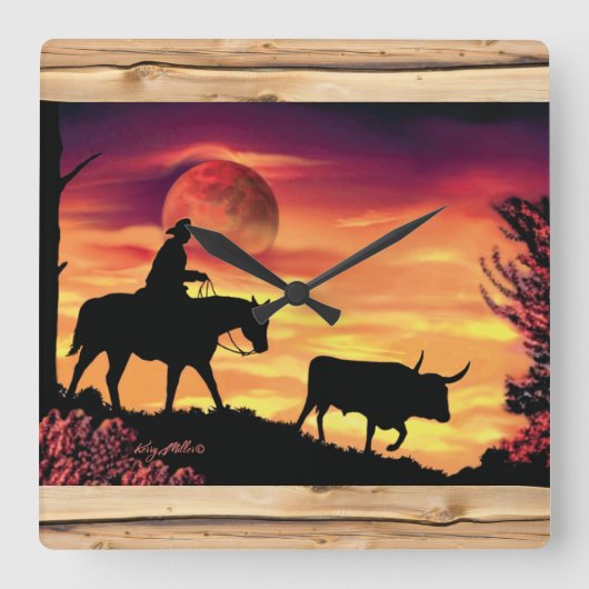 Cowboy And Longhorn Steer Square Wall Clock Quadratische Wanduhr (Vorderseite)