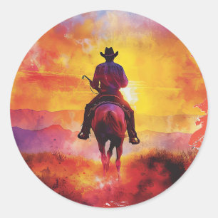 Cowboy auf dem Aufkleber für Sonnenuntergang.