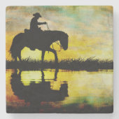 Cowboy auf dem Pferd bei Sunset. Steinuntersetzer (Vorderseite)