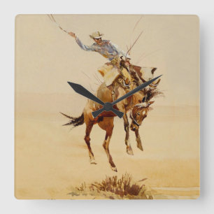 Cowboy auf einem bockenden Pferd #2 von Edward Bor Quadratische Wanduhr
