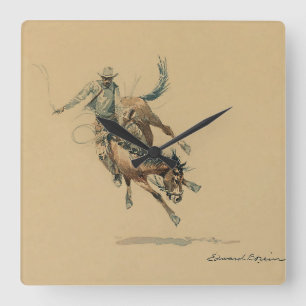 Cowboy auf einem bockenden Pferd #3 von Edward Bor Quadratische Wanduhr