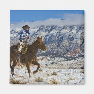 Cowboy auf Pferd mit Lederklappen Magnet