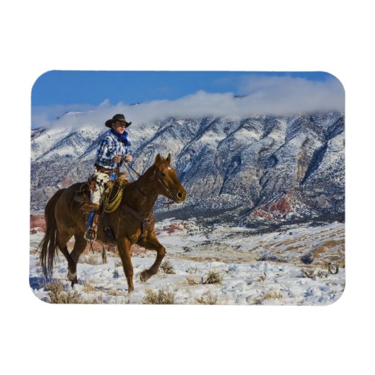 Cowboy auf Pferd mit Lederklappen Magnet (Horizontal)