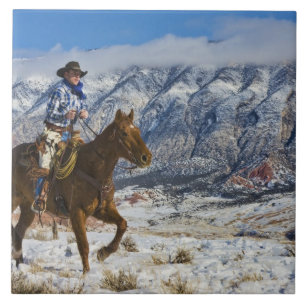 Cowboy auf Pferd mit Lederschäften Fliese