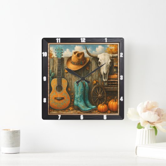 Cowboy Autumn Rodeo Ranch Quadratische Wanduhr (Zuhause)