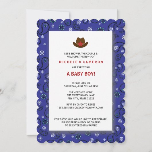 Cowboy Baby Dusche Einladung WESTERN BLUE BANDANA (Vorderseite)