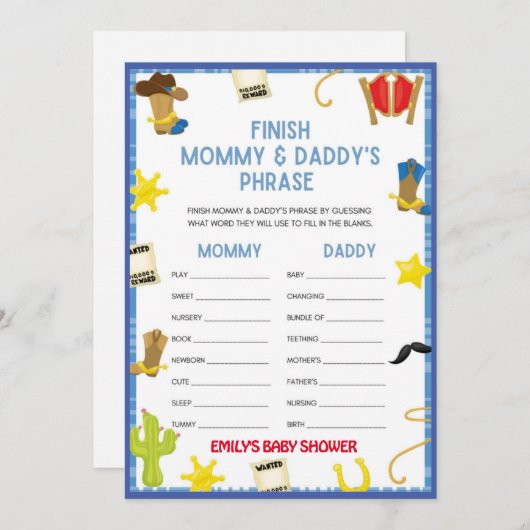 Cowboy Baby Showspiel - Bearbeitbarer Name, Größe Einladung (Vorne/Hinten)