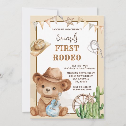 Cowboy Bear Western First Rodeo Birthday Einladung (Vorderseite)