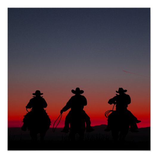 Cowboy bei Sonnenuntergang Poster (Vorderseite)