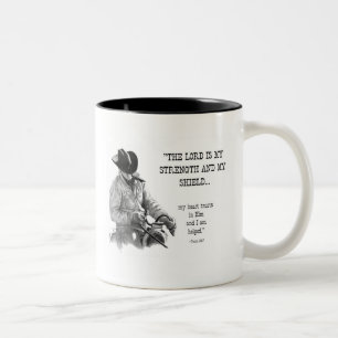 COWBOY: BIBEL: STÄRKE, SCHILD: BLEISTIFT-REALISMU ZWEIFARBIGE TASSE