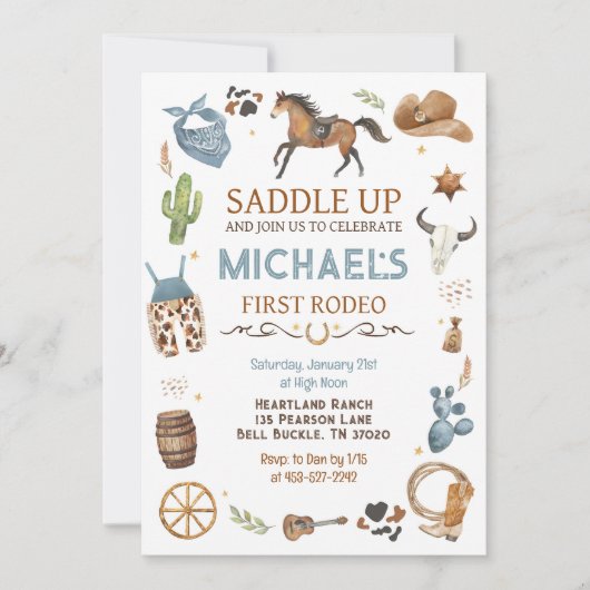 Cowboy Birthday Blue 1. Rodeo Party Einladung (Vorderseite)