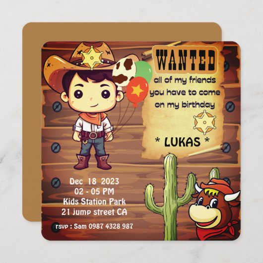 Cowboy Birthday Einladung (Vorne/Hinten)