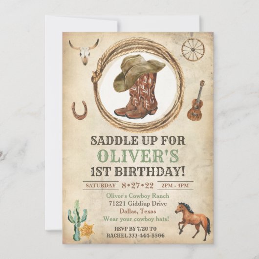 Cowboy Birthday Einladung 1. Rodeo Einladung (Vorderseite)