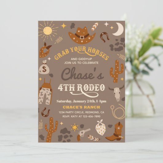 Cowboy Birthday Einladung | 4. Rodeo - Einladung (Stehend Vorderseite)