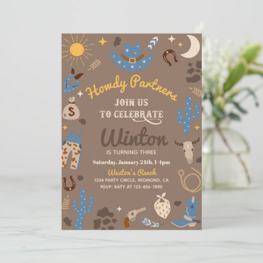 Cowboy Birthday Einladung | Einladung des Westerns (Stehend Vorderseite)