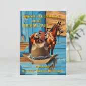 Cowboy Birthday Party Barn Horse Hat blue brown Einladung (Stehend Vorderseite)