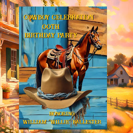 Cowboy Birthday Party Barn Horse Hat blue brown Einladung