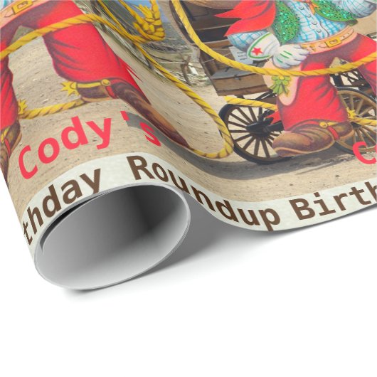 Cowboy Birthday Roundup Add Name Hat Chaps Rope Geschenkpapier (Rolleneckpunkt)