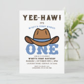 Cowboy Blue First Rodeo Erster Geburtstag Einladung (Stehend Vorderseite)
