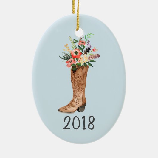 Cowboy Boot Bouquet Keepake Jahr Keramik Ornament (Hinten)