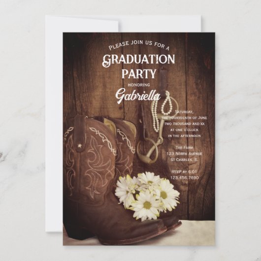 Cowboy Boots and Daisies Western Graduation Party Einladung (Vorderseite)