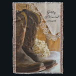 Cowboy Boots and Lace Country Western Wedding Decke<br><div class="desc">Personalize the charming Cowboy Boots and Lace Country Western Wedding Throw with the names of the bride and groom and marriage ceremony date to create a personal engagement, bridal shower or keepsake wedding gift. This rustic chic custom western wedding blanket features a quaint floral photograph of a pair of brown...</div>