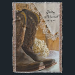 Cowboy Boots and Lace Country Western Wedding Decke<br><div class="desc">Personalize the charming Cowboy Boots and Lace Country Western Wedding Throw with the names of the bride and groom and marriage ceremony date to create a personal engagement, bridal shower or keepsake wedding gift. This rustic chic custom western wedding blanket features a quaint floral photograph of a pair of brown...</div>