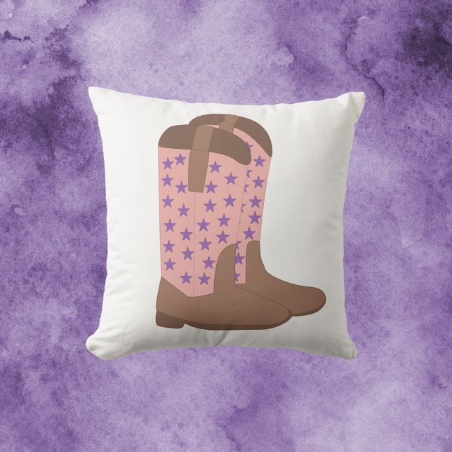Cowboy Boots Brown Pink Lila Stars Kissen (A throw pillow with a cowboy boot motif done in pink and brown with purple stars.)