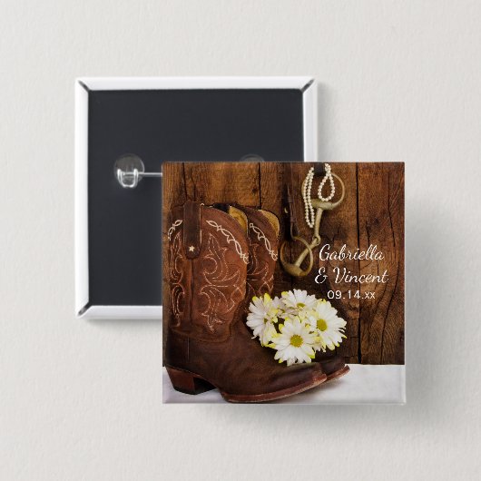 Cowboy Boots, Daisies Horse Bit Western Hochzeit Button (Vorne & Hinten)