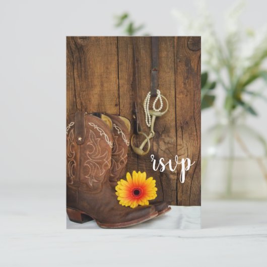 Cowboy Boots Daisy Horse Bit Barn Wedding RSVP (Stehend Vorderseite)