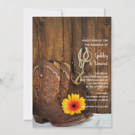 Cowboy Boots Daisy Horse Bit Western Barn Wedding Einladung (Vorderseite)