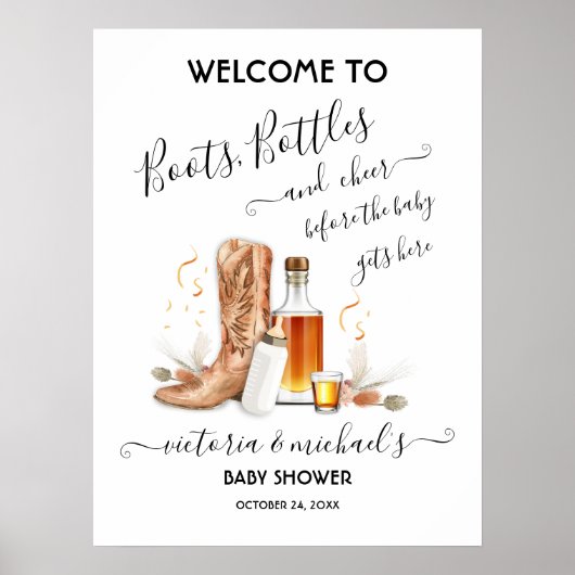 Cowboy Boots Flaschen Babydusche Begrüßungszeichen Poster (Vorne)