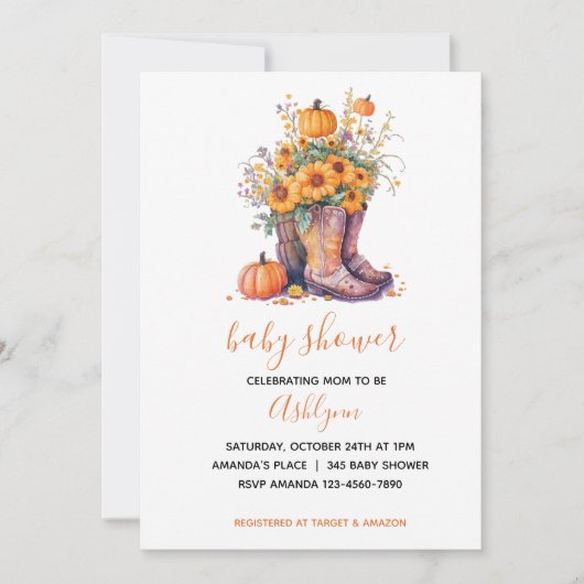 Cowboy Boots Floral Pumpkin Fall Baby Dusche Einladung (Vorderseite)