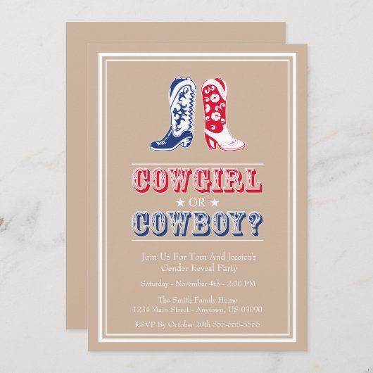 Cowboy Boots Gender-Aufklärung Party Einladungen (Vorne/Hinten)