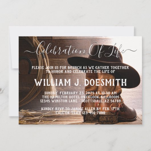Cowboy Boots Hat Funeral Memorial Service Einladung (Vorderseite)