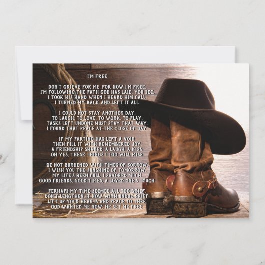 Cowboy Boots Hat Funeral Memorial Service Einladung (Rückseite)