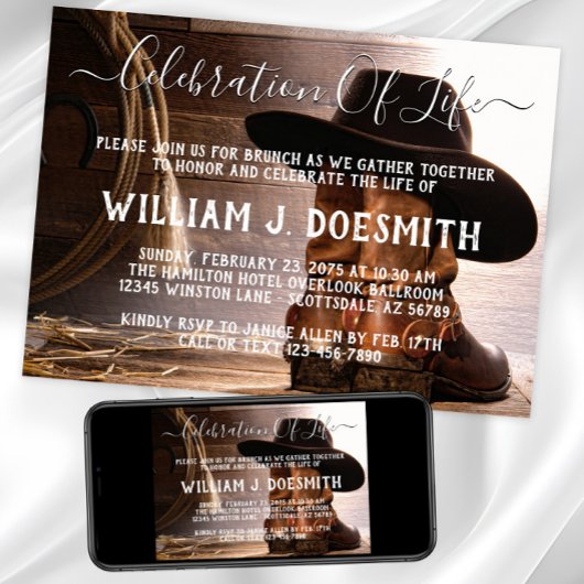 Cowboy Boots Hat Funeral Memorial Service Einladung