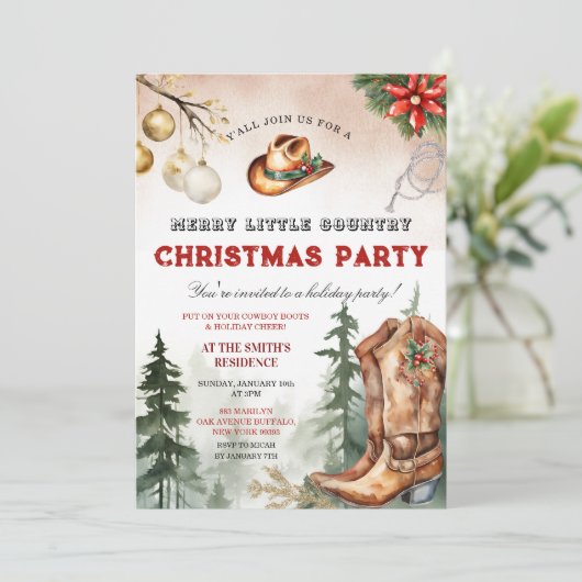 Cowboy Boots Merry Little Country Christmas Party Einladung (Stehend Vorderseite)