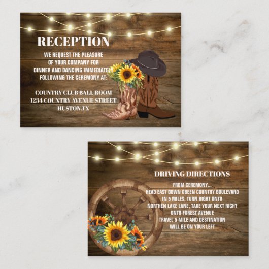 Cowboy Boots Sonnenblumen Western Hochzeitsrichtun Begleitkarte (Vorne/Hinten)