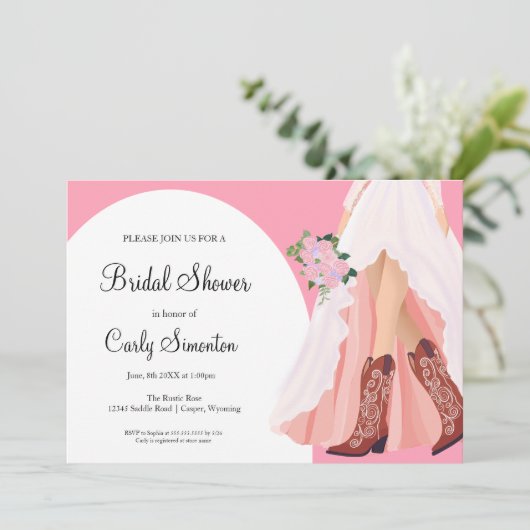 Cowboy Boots & Wedding Dress Brautparty Einladung (Stehend Vorderseite)