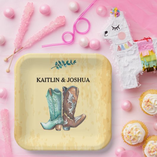 Cowboy Boots Wedding 🤠 Rustic Western Monogram Pappteller (Party)