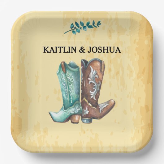 Cowboy Boots Wedding 🤠 Rustic Western Monogram Pappteller (Vorderseite)