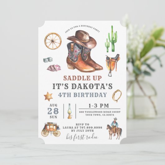 Cowboy Boy 4. Geburtstag Einladung (Stehend Vorderseite)