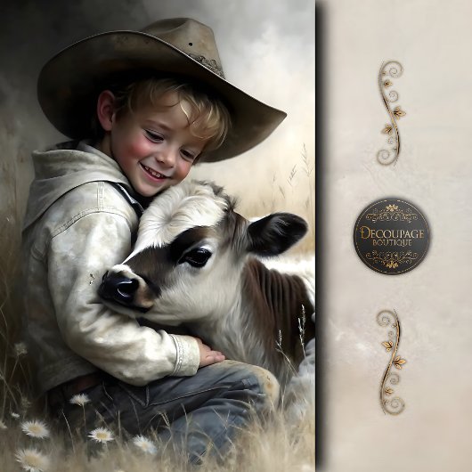 Cowboy Boy Hugging Calf Decoupage Seidenpapier