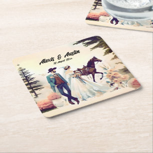 Cowboy, Braut & Pferd Hochzeit Rechteckiger Pappuntersetzer