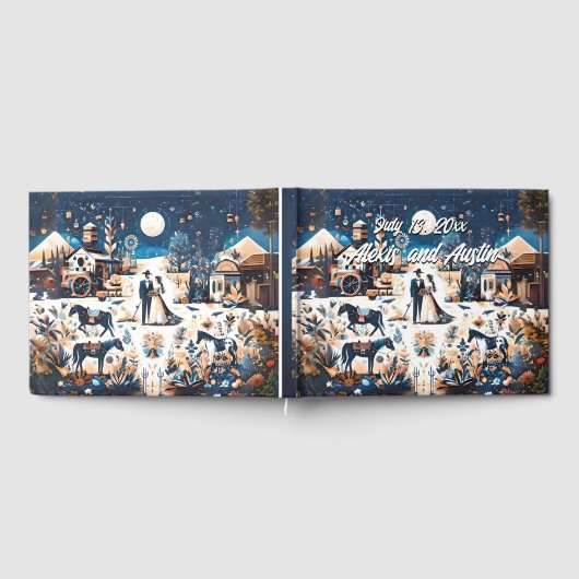Cowboy & Bride Blue Western Style Wedding Gästebuch (Voll)