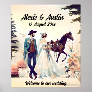 Cowboy, Bride & Horse Wedding Poster