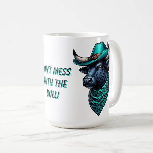 Cowboy Bull mit türkisfarbenem Hut und Gemustertem Kaffeetasse (VorderseiteRechts)